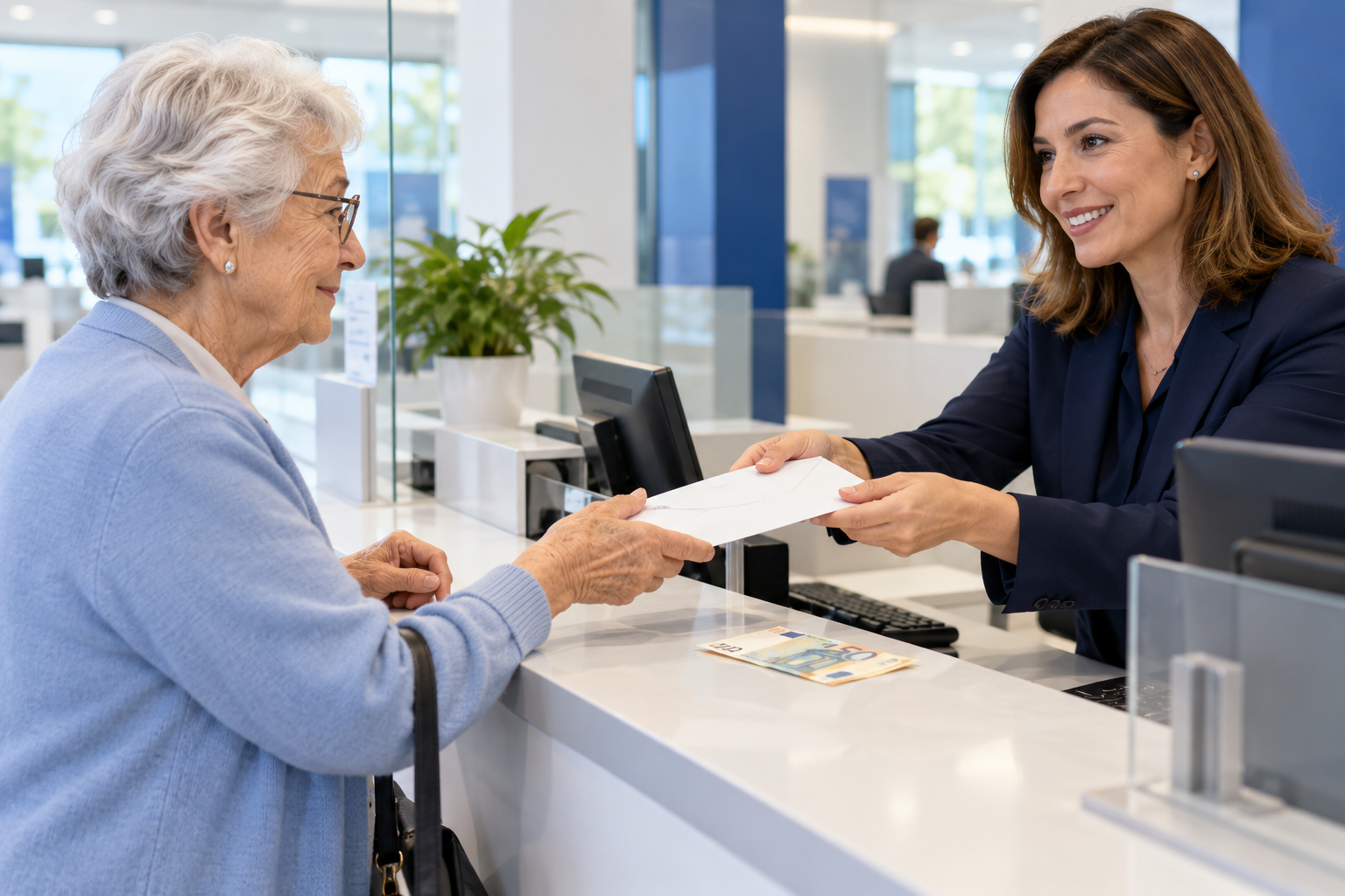 Escena ilustrativa de una mujer mayor atendida en la caja de un banco